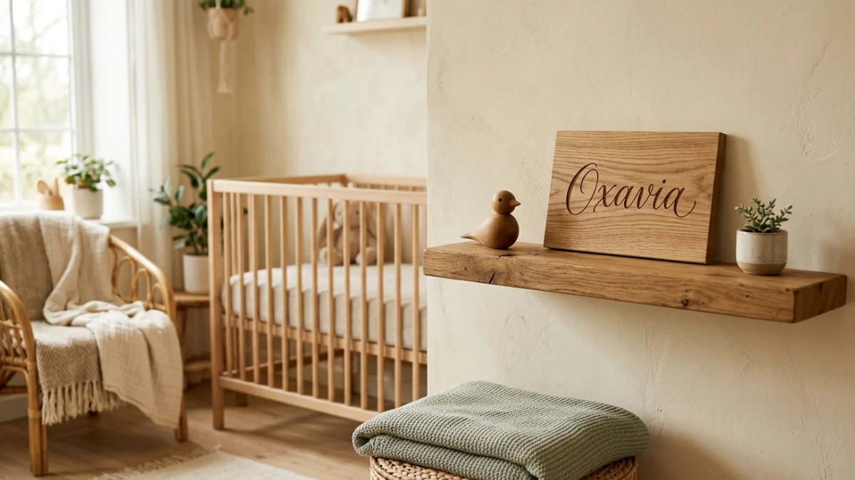 Dekorasi kamar bayi minimalis dengan tulisan kaligrafi untuk menjelaskan arti nama Oxavia.